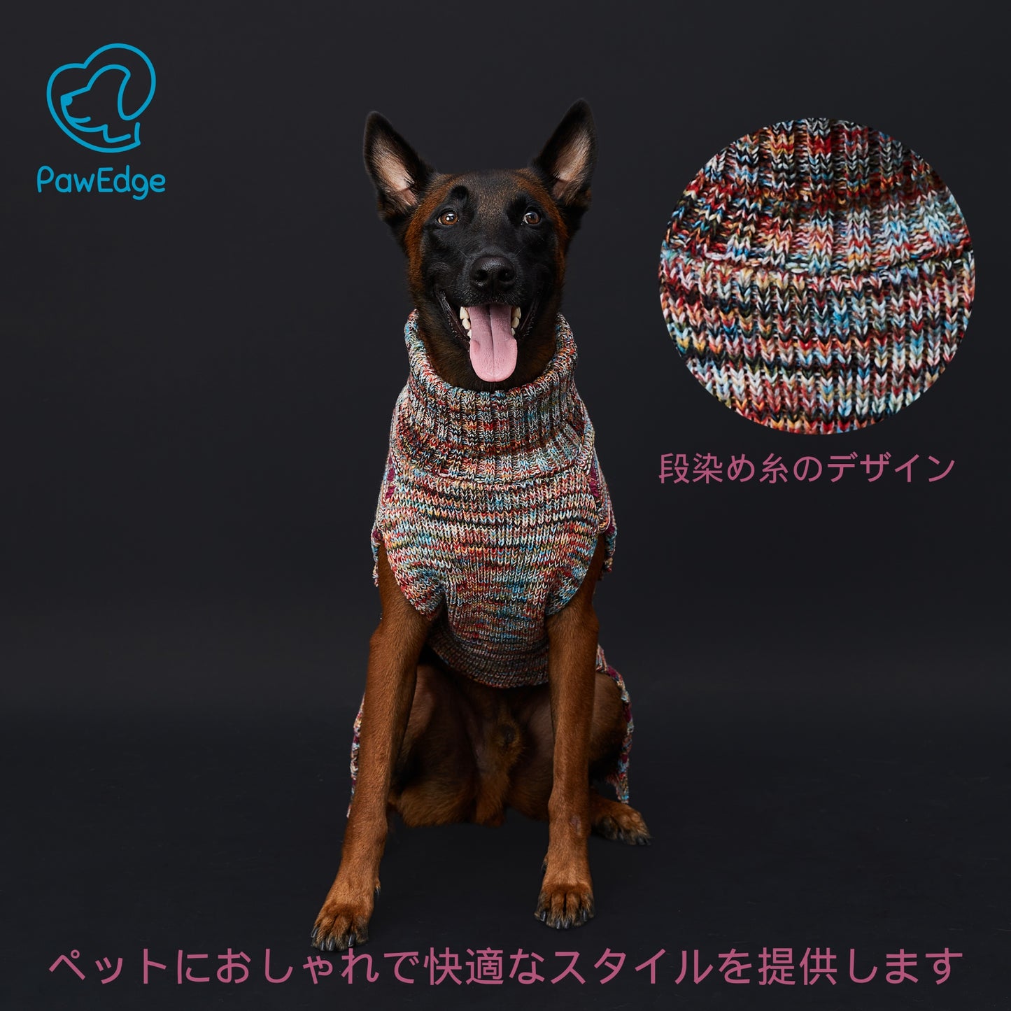 ハンドメイド風 犬用セーター - 3GGニット、段染め糸、高めの襟、リードホール付き、お散歩にも便利