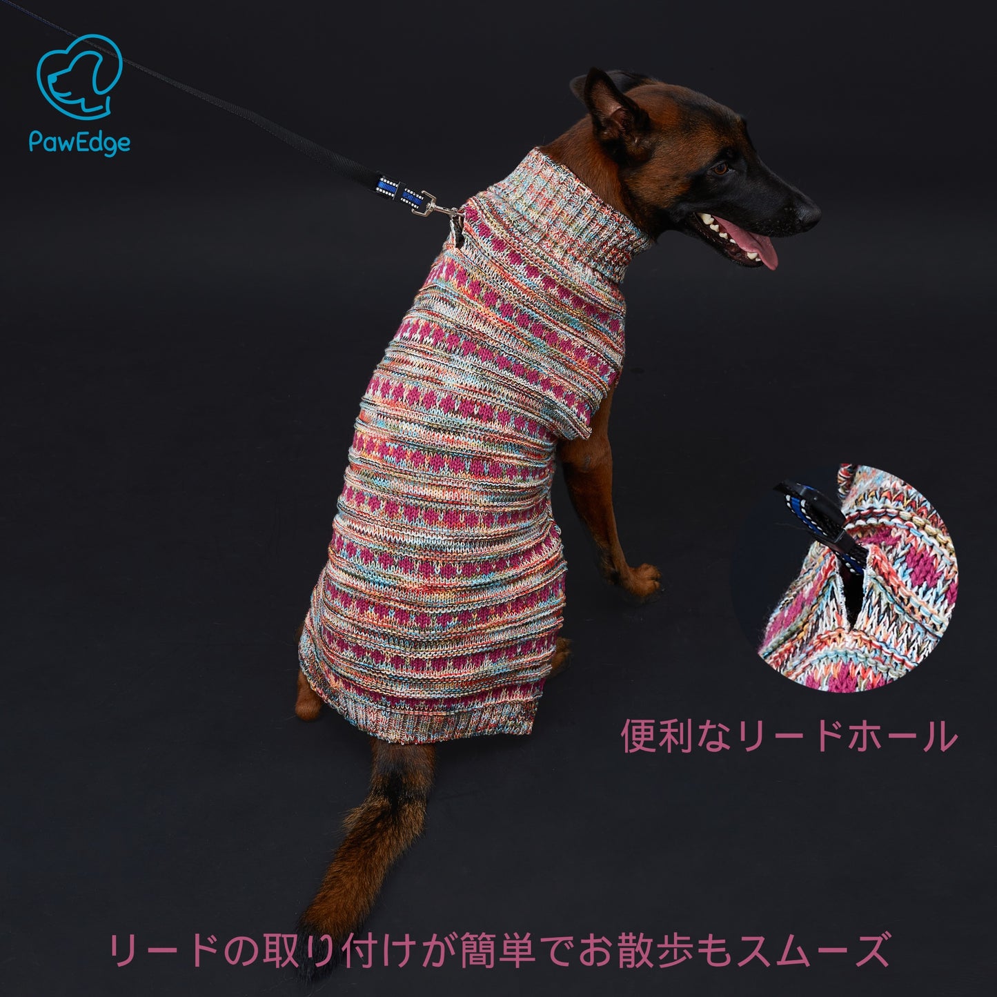 ハンドメイド風 犬用セーター - 3GGニット、段染め糸、高めの襟、リードホール付き、お散歩にも便利