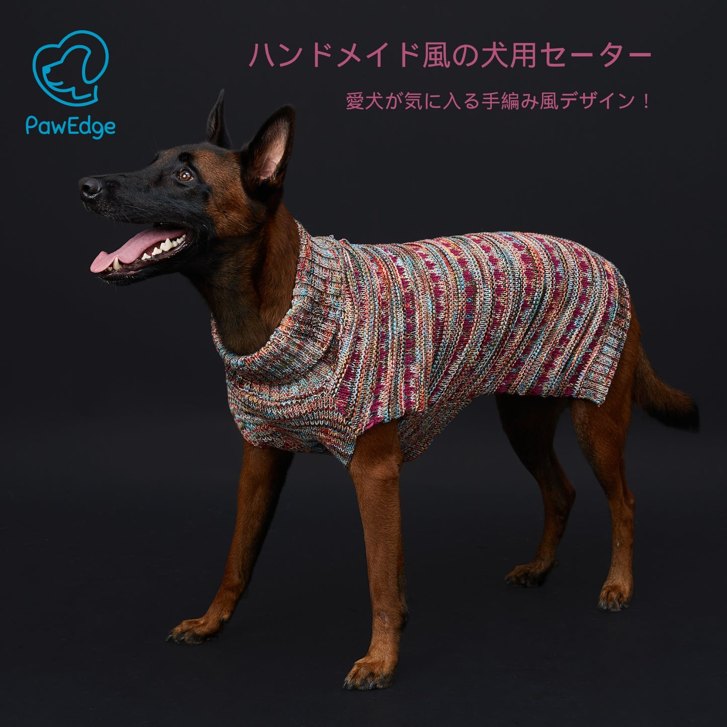 ハンドメイド風 犬用セーター - 3GGニット、段染め糸、高めの襟、リードホール付き、お散歩にも便利